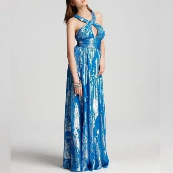 Aidan Mattox Dresses & Skirts - Aidan Mattox Foil Halter Neck Maxi Gown 6 Silk Metallic Blue With Gold Foil
